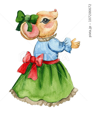 Watercolor Christmas mice in cartoon style. Watercolor Christmas hand drawn illustration for cards, backgrounds, scrapbooking and your design. Perfect for wedding invitation. 107286672