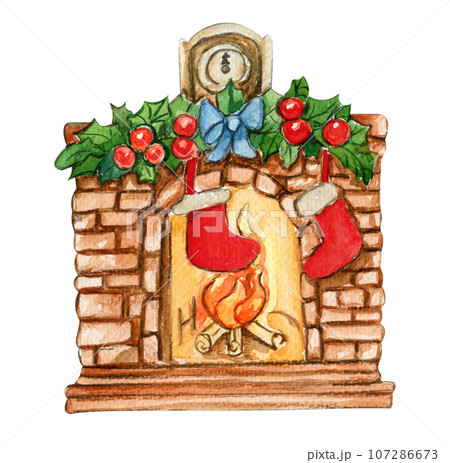 Fireplace with yellow light from it and socks for Santa. Watercolor Christmas hand drawn illustration for cards, backgrounds, scrapbooking and your design. Perfect for wedding invitation. Fireplace with yellow light from it and socks for Santa. Watercolor Christmas hand drawn illustration for cards, backgrounds, scrapbooking and your design. Perfect for wedding invitation. 107286673