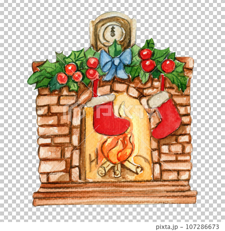 Fireplace with yellow light from it and socks for Santa. Watercolor Christmas hand drawn illustration for cards, backgrounds, scrapbooking and your design. Perfect for wedding invitation. 107286673