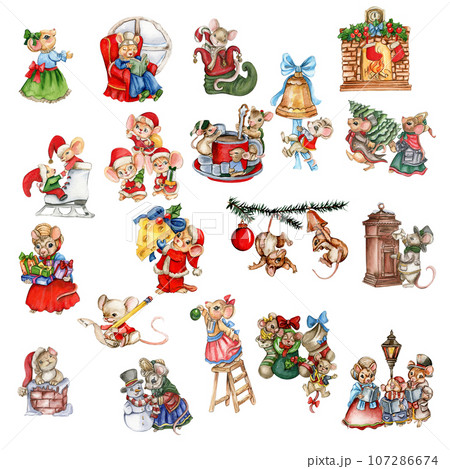 Watercolor Christmas mice in cartoon style. Watercolor Christmas hand drawn illustration for cards, backgrounds, scrapbooking and your design. Perfect for wedding invitation. 107286674