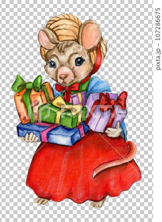 Watercolor Christmas mice in cartoon style. Watercolor Christmas hand drawn illustration for cards, backgrounds, scrapbooking and your design. Perfect for wedding invitation. 107286675