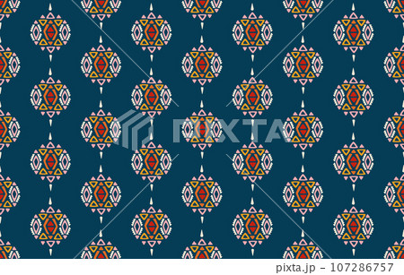 Ethnic abstract ikat art. Seamless pattern in tribal, folk embroidery, and Mexican style. Aztec geometric art ornament print. Design for carpet, wallpaper, clothing, wrapping, fabric, cover, textile. Ethnic abstract ikat art. Seamless pattern in tribal, folk embroidery, and Mexican style. Aztec geometric art ornament print. Design for carpet, wallpaper, clothing, wrapping, fabric, cover, textile. 107286757