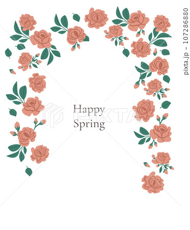 Beautiful frame with roses and placeholder text. Pink roses frame for invitation, greeting card. Spring floral frame. Vector illustration 107286880