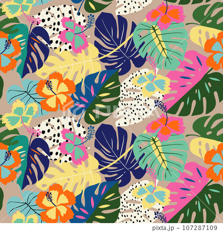 Tropical flower pattern seamless, silhouette of blooming, hand drawn botanical, Floral leaf for spring and Summer time, natural ornaments for textile, fabric, wallpaper, background design. Tropical flower pattern seamless, silhouette of blooming, hand drawn botanical, Floral leaf for spring and Summer time, natural ornaments for textile, fabric, wallpaper, background design. 107287109