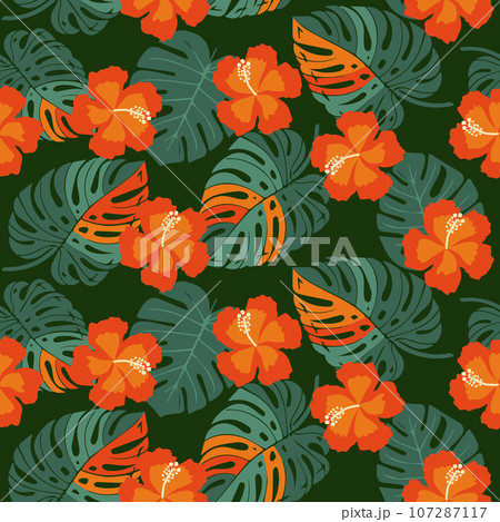 Tropical flower pattern seamless, silhouette of blooming, hand drawn botanical, Floral leaf for spring and Summer time, natural ornaments for textile, fabric, wallpaper, background design. Tropical flower pattern seamless, silhouette of blooming, hand drawn botanical, Floral leaf for spring and Summer time, natural ornaments for textile, fabric, wallpaper, background design. 107287117
