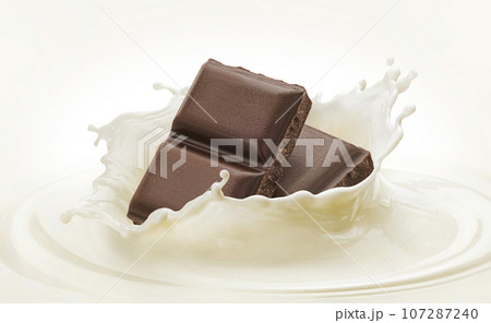 Falling chocolate bars in milk splash on white background Falling chocolate bars in milk splash on white background 107287240