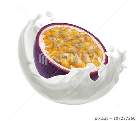Passion fruit slice falling in milk splash isolated on white background Passion fruit slice falling in milk splash isolated on white background 107287266