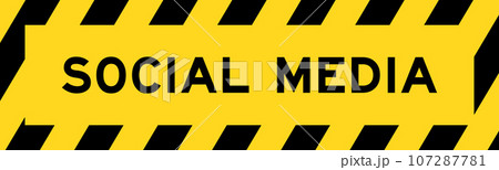 Yellow and black color with line striped label banner with word social media 107287781
