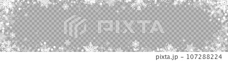 Winter panoramic snow background with snowflakes and sparks. Snowfall on a transparent background. 107288224