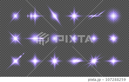 Transparent purple light effects on transparent background. A collection of various glowing sparks, stars. Transparent purple light effects on transparent background. A collection of various glowing sparks, stars. 107288259