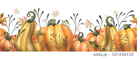 Orange autumn pumpkins with maple leaves and twigs. Watercolor illustration, hand drawn. Seamless border on a white background Orange autumn pumpkins with maple leaves and twigs. Watercolor illustration, hand drawn. Seamless border on a white background 107288510