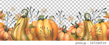 Orange autumn pumpkins with maple leaves and twigs. Watercolor illustration, hand drawn. Seamless border on a white background Orange autumn pumpkins with maple leaves and twigs. Watercolor illustration, hand drawn. Seamless border on a white background 107288510