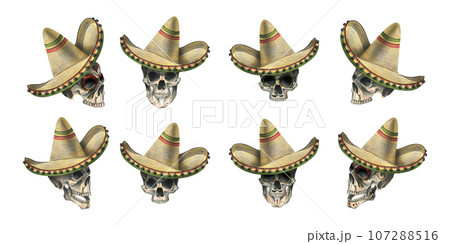 A human skulls with an ornament in a sombrero hat. Hand drawn watercolor illustration for day of the dead, halloween, Dia de los muertos. Set of isolated elements on a white background. 107288516