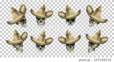 A human skulls with an ornament in a sombrero hat. Hand drawn watercolor illustration for day of the dead, halloween, Dia de los muertos. Set of isolated elements on a white background. 107288516