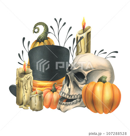 Human skull with black top hat, orange pumpkins, branches, candles. Hand drawn watercolor illustration for Halloween. Isolated composition on a white background 107288528