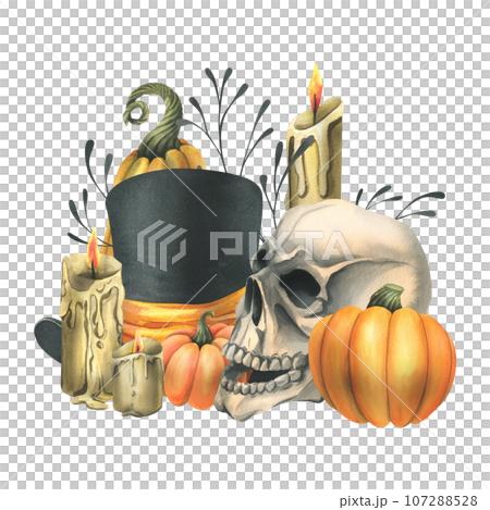 Human skull with black top hat, orange pumpkins, branches, candles. Hand drawn watercolor illustration for Halloween. Isolated composition on a white background 107288528
