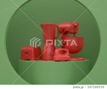 Abstract scene or podium with kitchen appliances and utensils on monochrome. Abstract scene or podium with kitchen appliances and utensils on monochrome. 107288550