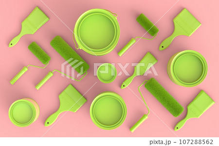 Set of metal cans or buckets with paint rollers and brushes on monochrome. 107288562