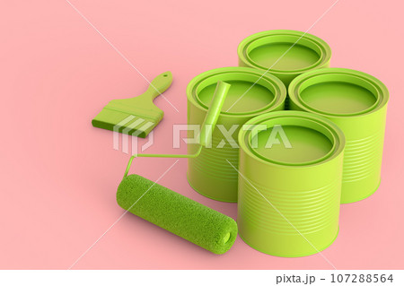 Set of metal can or buckets with paint roller and brush on monochrome background 107288564