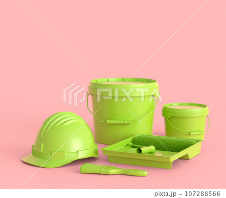 Set of safety helmet, bucket with paint rollers and brushes on monochrome. Set of safety helmet, bucket with paint rollers and brushes on monochrome. 107288566