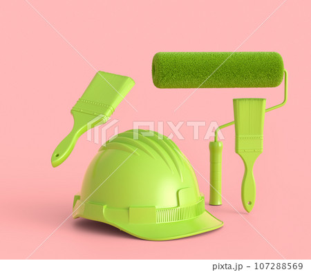 Set of helmet, spray with paint rollers and brushes on monochrome background. 107288569
