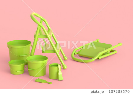 Set of metal cans or buckets with paint roller, brush and folding ladder Set of metal cans or buckets with paint roller, brush and folding ladder 107288570