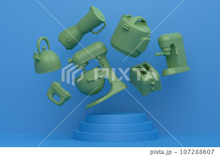 Abstract scene or podium with kitchen appliances and utensils on monochrome. 107288607
