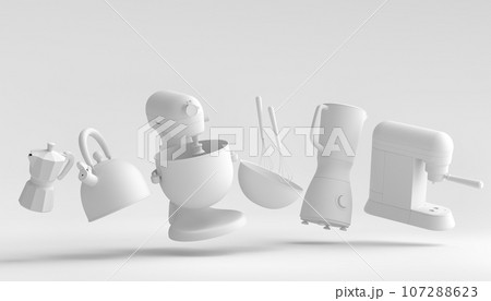 Mixer and bowl with kitchen utensil for preparation of dough on white 107288623