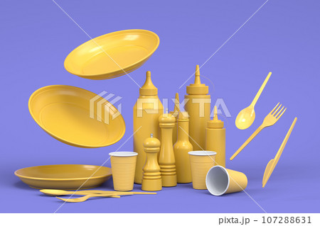 Set of disposable utensils like plate, folk, spoon,knife, cup and pepper mill Set of disposable utensils like plate, folk, spoon,knife, cup and pepper mill 107288631