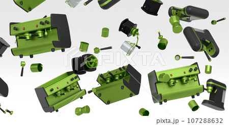 Many of flying espresso machine with horn, cups, geyser coffee maker and grinder 107288632