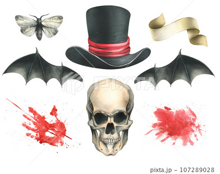 Front view of a human skull with black bat wings, top hat with a bloodstains and paper scroll for the holiday of Death Day and Halloween. Watercolor illustration, hand drawn. Set of elements 107289028