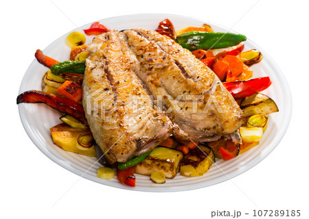 Dish of bulgarian cuisine of tasty baked vegetables with mackerel 107289185