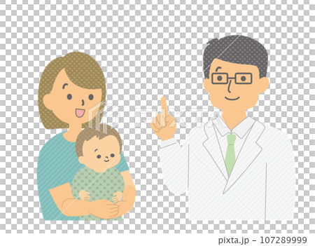 Stock Illustration: Infant and mother being examined by a doctor Stock Illustration: Infant and mother being examined by a doctor 107289999