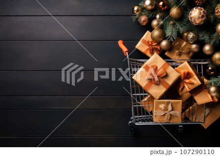 Shopping cart with Christmas gift boxes Shopping cart with Christmas gift boxes 107290110
