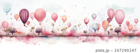 Cute landscape with flowers and colorful balloons 107290147