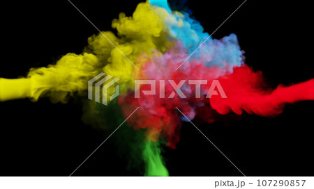 Clubs of multi-colored smoke collide from four sides on a black background. 3d illustration. Clubs of multi-colored smoke collide from four sides on a black background. 3d illustration. 107290857