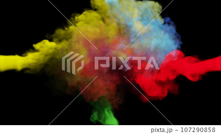 Clubs of multi-colored smoke collide from four sides on a black background. 3d illustration. 107290858
