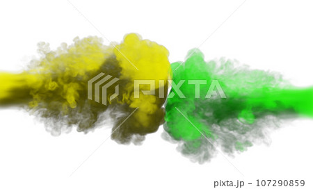 Puffs of yellow and green smoke collide against a white background. 3d illustration.  107290859