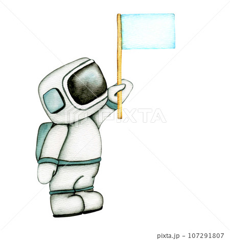 Cute Astronaut and flag in space isolated on transparent background. Watercolor Illustration of outer space with stars Cute Astronaut and flag in space isolated on transparent background. Watercolor Illustration of outer space with stars 107291807