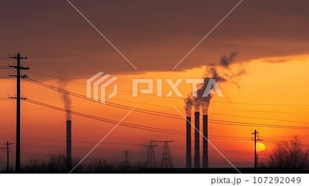 silhouettes of industrial chimneys with thick smoke air pollution 107292049