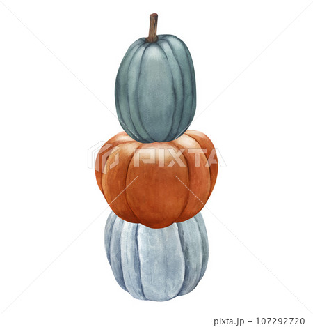Watercolor realistic whole fresh pumpkin group. Hand-drawn illustration isolated on white background. Perfect for menu cafe, template eco natural food, cooking, packing food, card thanksgiving. 107292720