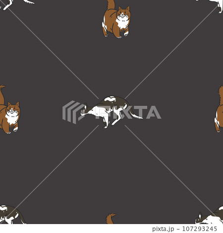 Hand drawn vector abstract graphic line art seamless pattern with adorable cute funny cat character.Vector illustration of funny cartoon outline cat in trendy line style. Drawing line art cat pattern. Hand drawn vector abstract graphic line art seamless pattern with adorable cute funny cat character.Vector illustration of funny cartoon outline cat in trendy line style. Drawing line art cat pattern. 107293245