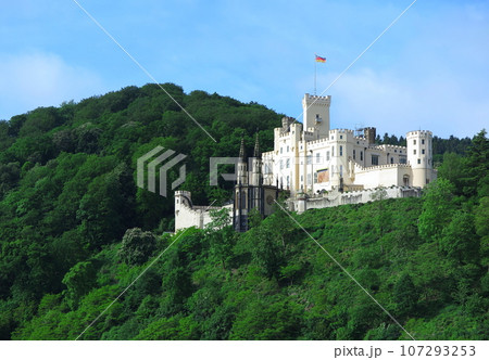 ライン下りの観光船から：緑の山肌に映える、シュトルツェンフェルス城（斜め方向） 107293253