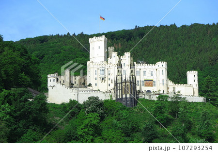 ライン下りの観光船から：緑の山肌に映える、シュトルツェンフェルス城（正面） 107293254