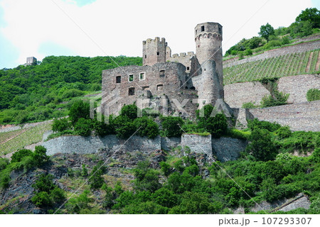 ライン下りの観光船から：丘の中腹に残る、エーレンフェルス城址 107293307