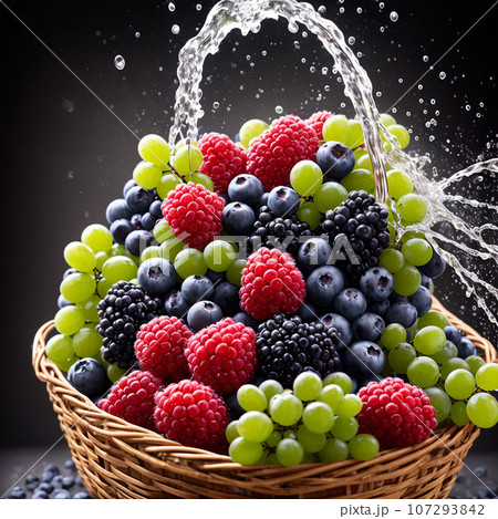 basket full of fruits berries and green grapes explode with huge particles splashing on the air basket full of fruits berries and green grapes explode with huge particles splashing on the air 107293842