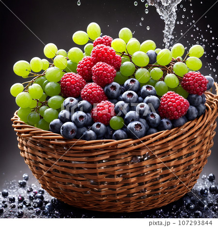 basket full of fruits berries and green grapes explode with huge particles splashing on the air 107293844