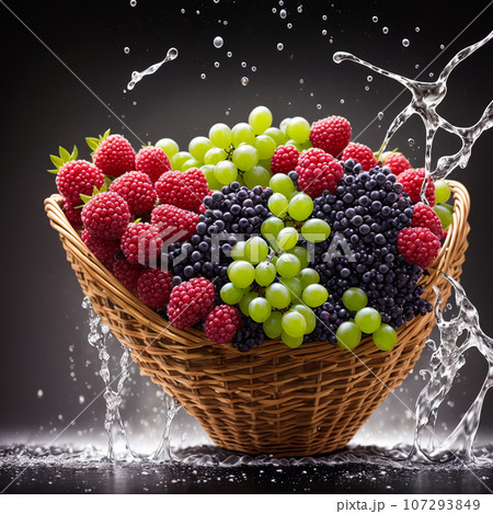 basket full of fruits berries and green grapes explode with huge particles splashing on the air basket full of fruits berries and green grapes explode with huge particles splashing on the air 107293849