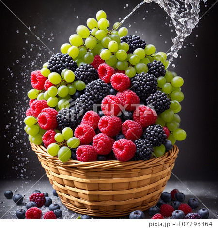 basket full of fruits berries and green grapes explode with huge particles splashing on the air 107293864