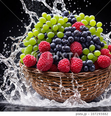 basket full of fruits berries and green grapes explode with huge particles splashing on the air 107293882